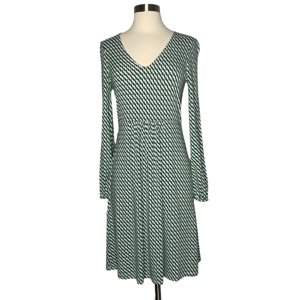 Boden Hattie Jersey Dress Green White V-Neck Size 2 2R Long Sleeves Career Work